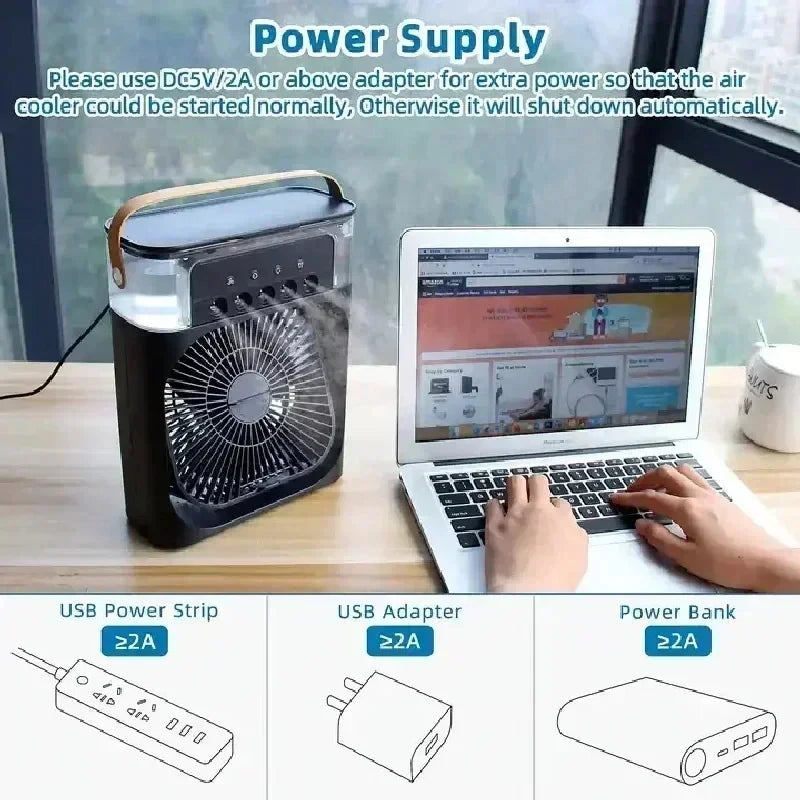 Stay Cool Anywhere: 3-in-1 Portable Air Cooler Fan with Humidifier & LED Night Light - Adjustable Wind Speed for Home & Office