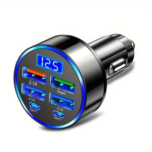 6-in-1 Fast Charging Car Adapter 3.1A Dual Type-C Digital Display Smar