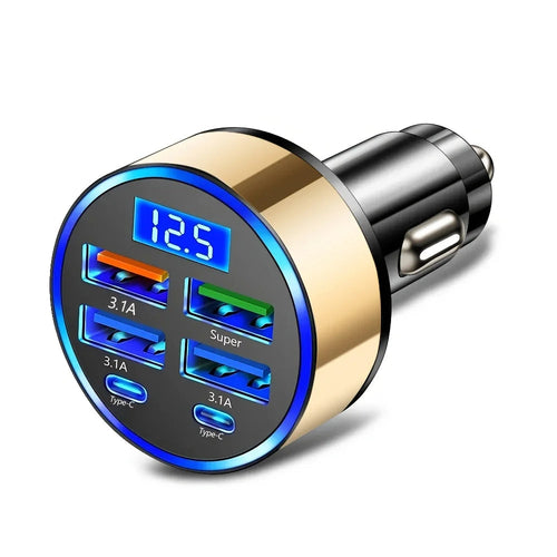 6-in-1 Fast Charging Car Adapter 3.1A Dual Type-C Digital Display Smar