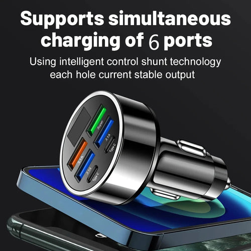 6-in-1 Fast Charging Car Adapter 3.1A Dual Type-C Digital Display Smar