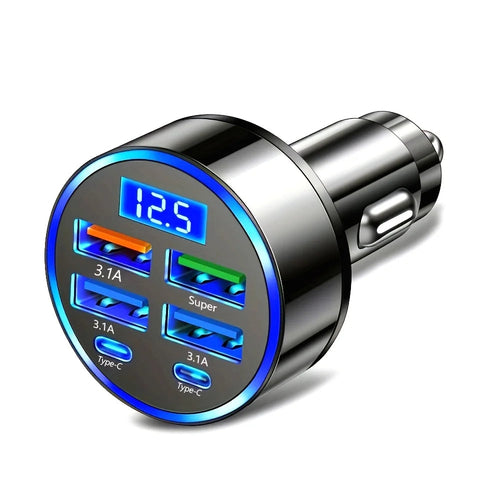 6-in-1 Fast Charging Car Adapter 3.1A Dual Type-C Digital Display Smar